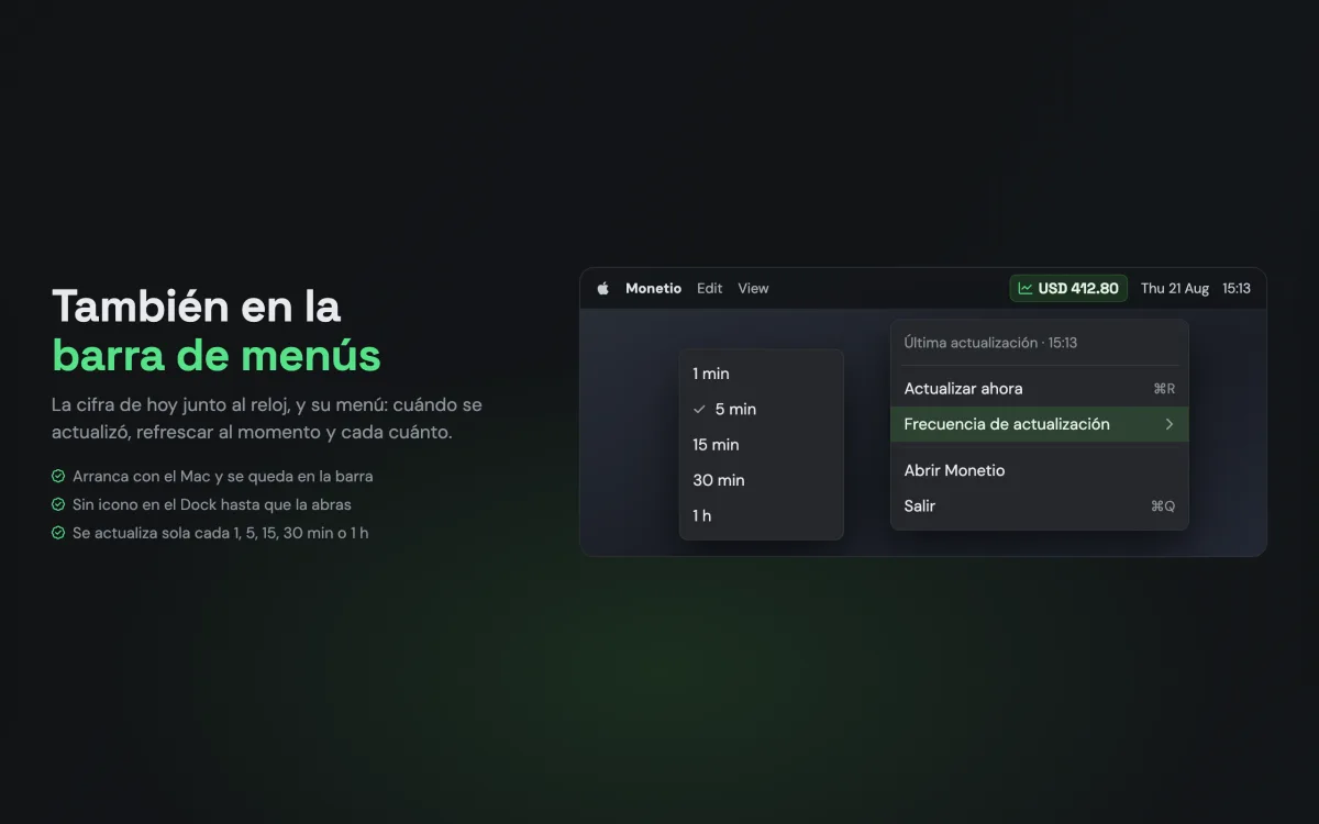 Monetio — ingresos en la barra de menús
